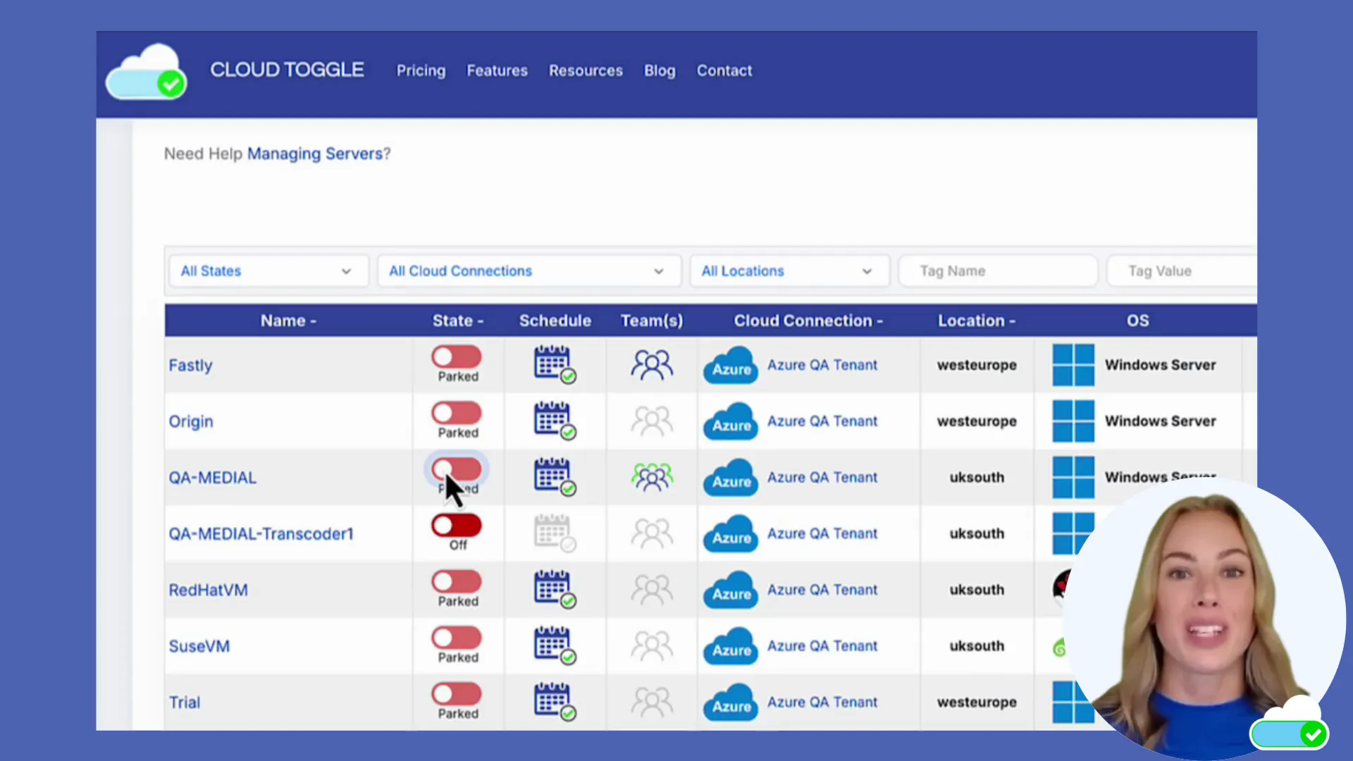 Selecting a specific VM from the list to manage