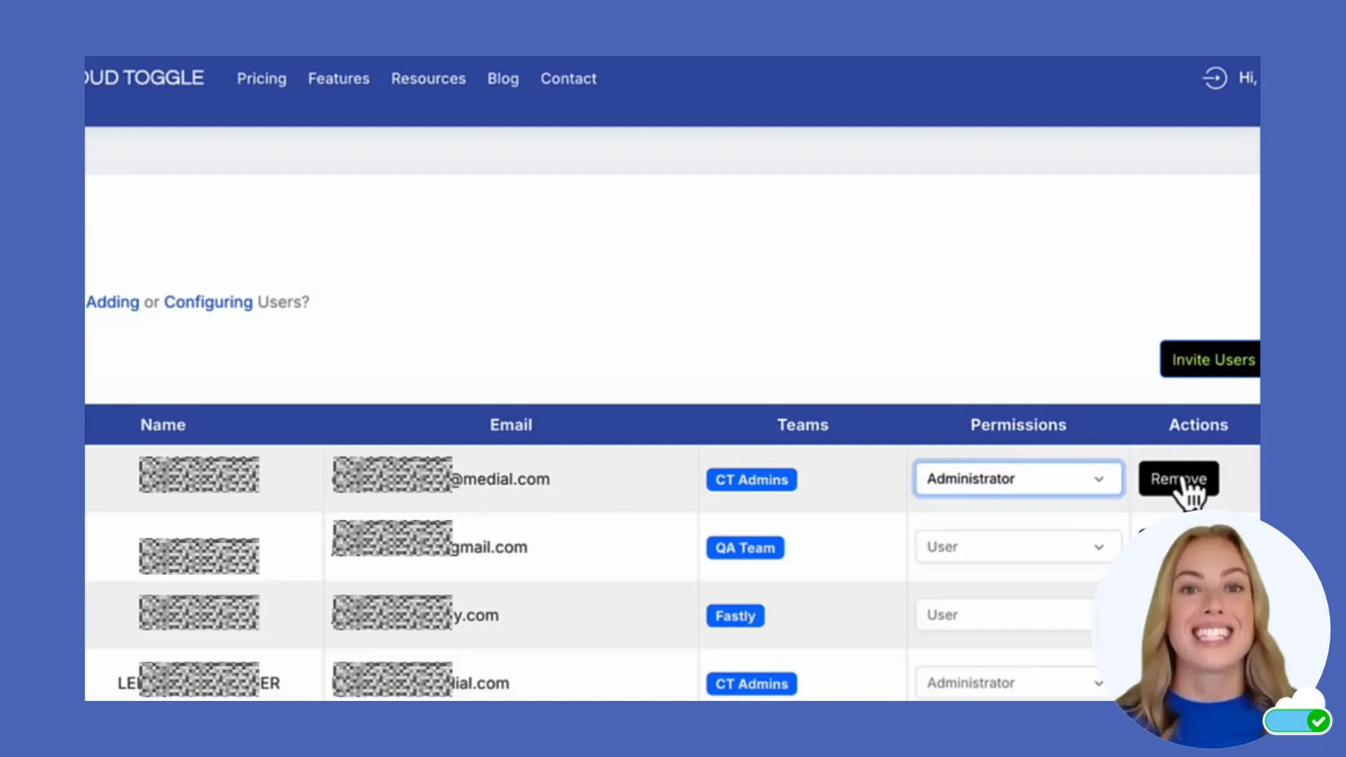 Permissions drop-down menu and remove button to delete a user