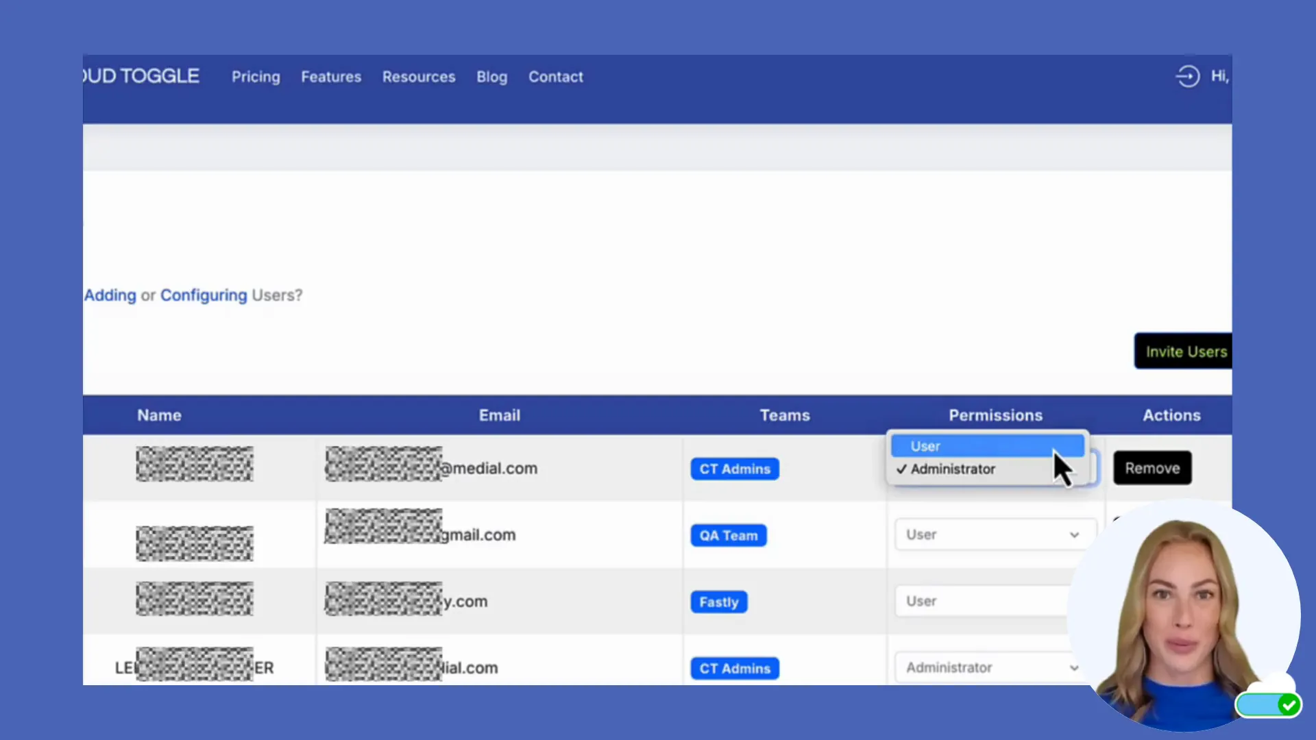 User table showing all users on the system with their teams and status