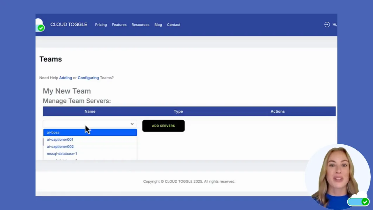 Manage team servers dropdown and add server option