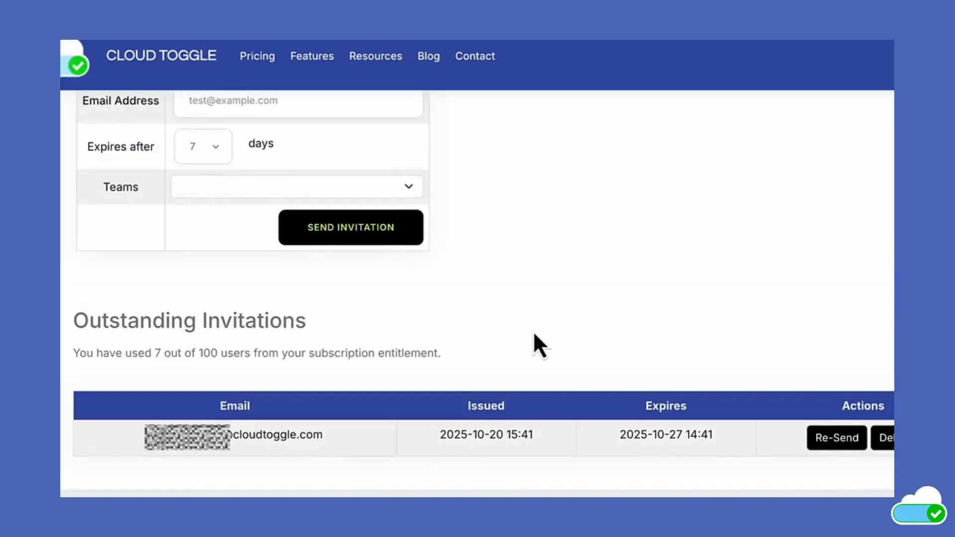 Outstanding invitation section showing number of invites and account entitlement